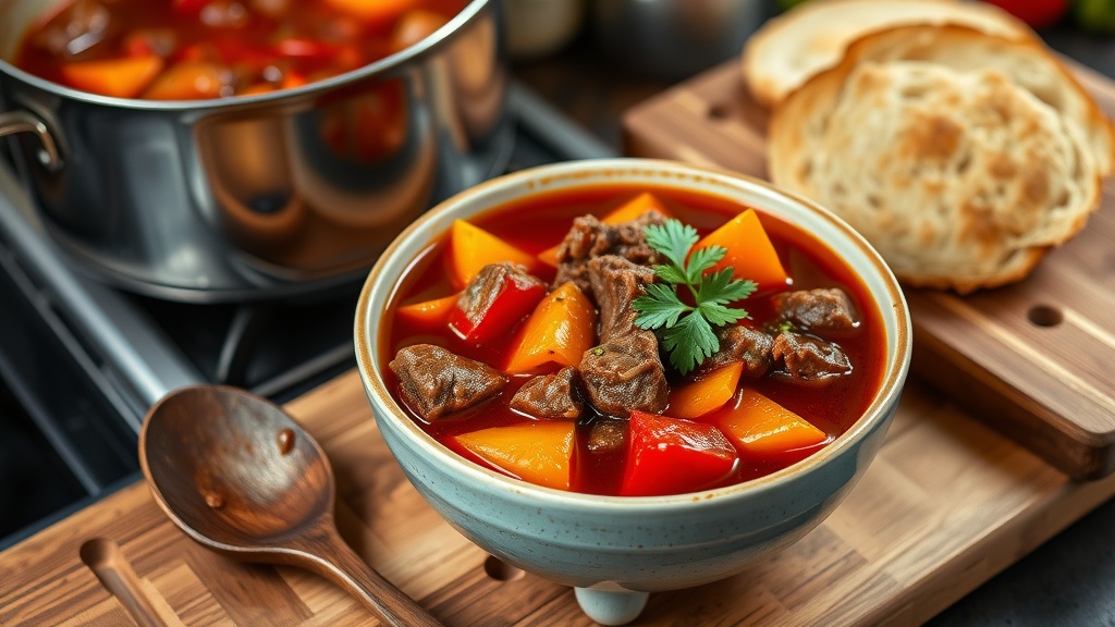 A steaming bowl of Hungarian goulash with beef and peppers, garnished with parsley, against a rustic kitchen backdrop.